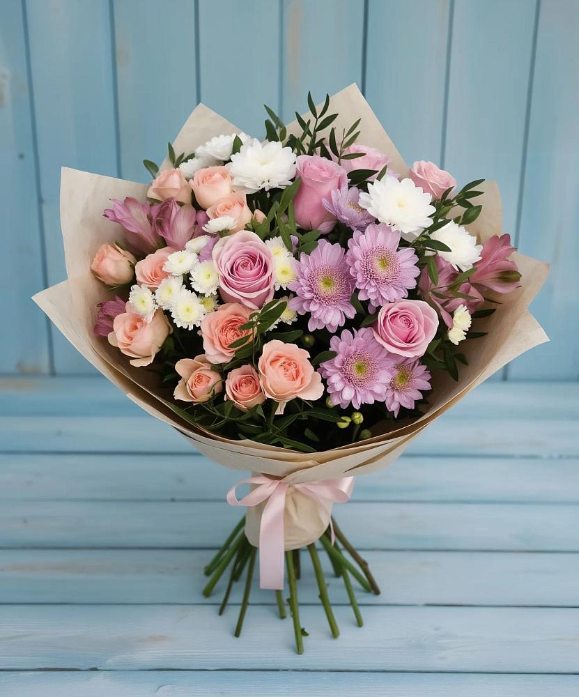 Букет цветов из: Хризантемы, Розы и Альстромерии в Новофедоровке