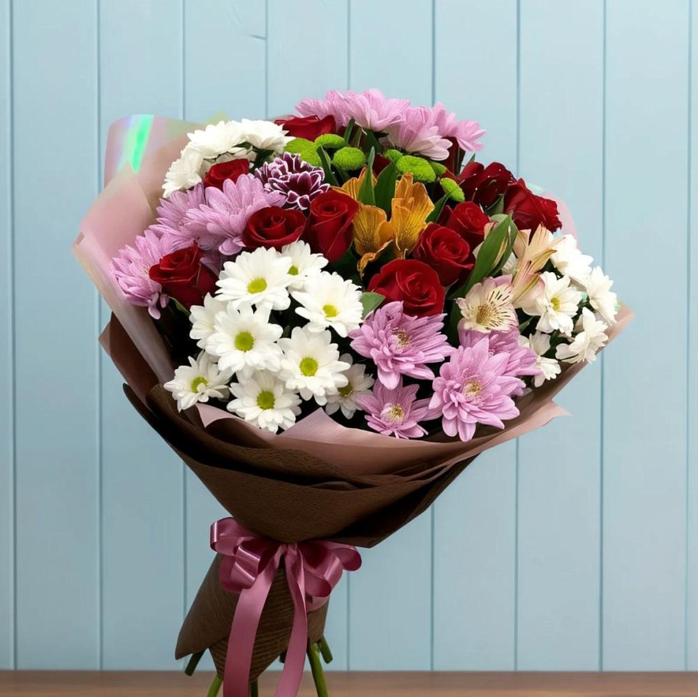 Букет цветов из: Розы, Хризантемы и Альстромерии в Новофедоровке