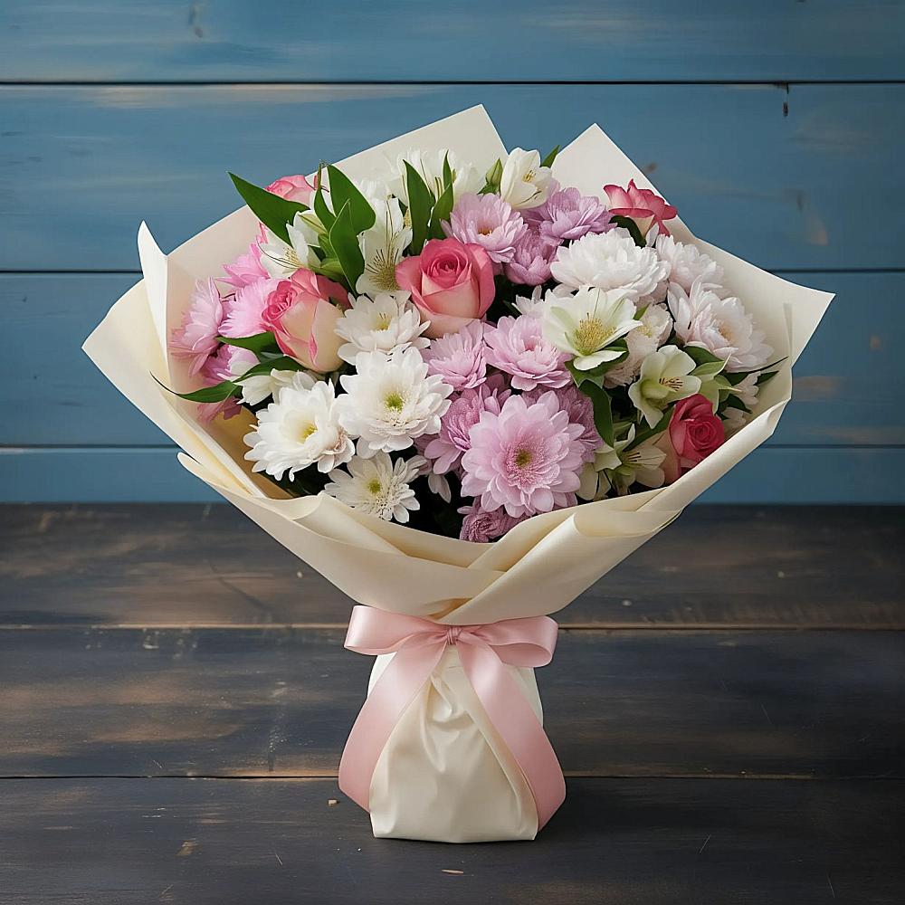 Букет цветов из: Хризантемы, Альстромерии и Розы в Новофедоровке